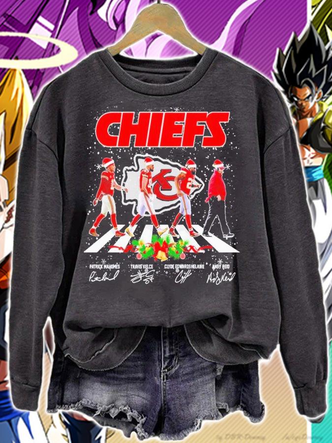 Chiefs Abbey Road Patrick Mahomes Travis Kelce Clyde Edwards Helaire Andy Reid Christmas shirt t-shirt sweatshirt
