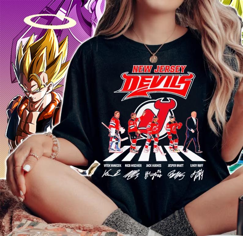 New Jersey Devils Abbey Road Vitek Vanecek Nico Hischier Jack Hughes signatures shirt t-shirt woman shirt