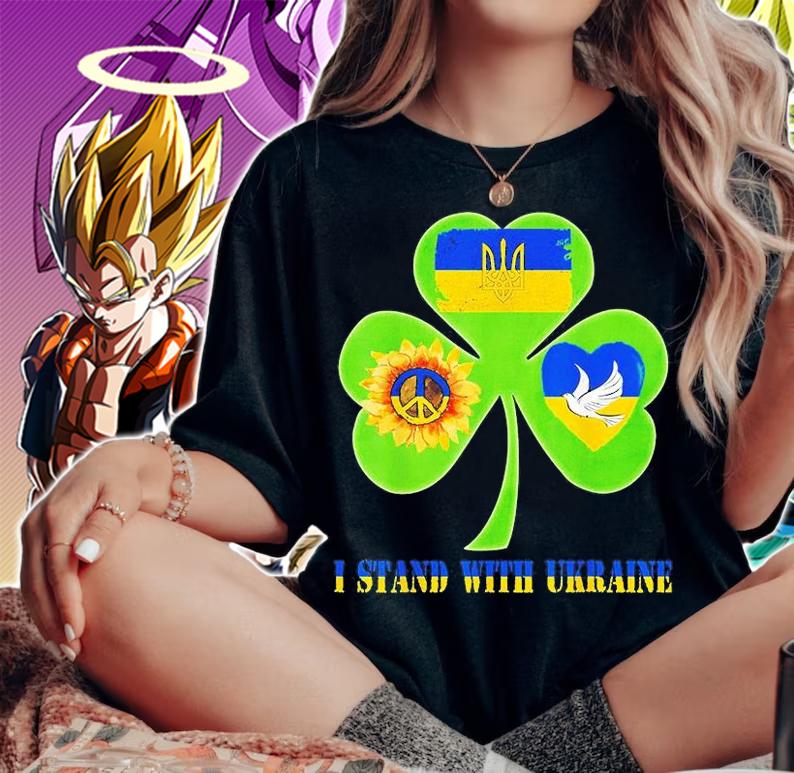 Stop Russian Pattys Day Shamrock Heart Peace Ukraine Flag Dove Sunflower T-Shirt t-shirt
