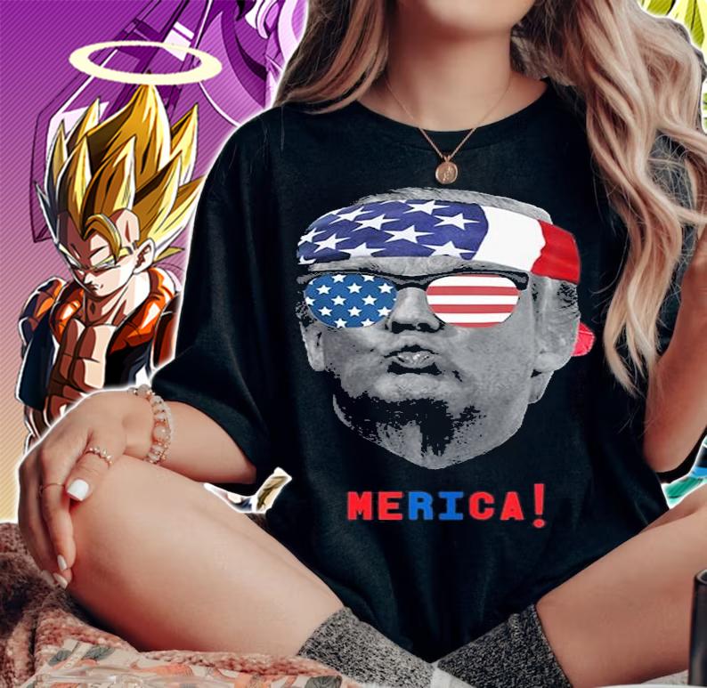 Funny Vintage Trump Pucker Face Merica USA Flag Sunglasses T-Shirt woman shirt
