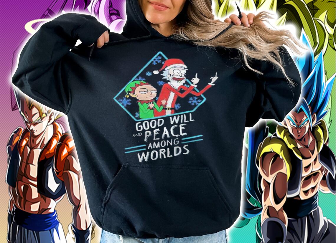Rick and Morty Christmas Xmas goodwill and peace among worlds T-shirt hoodie