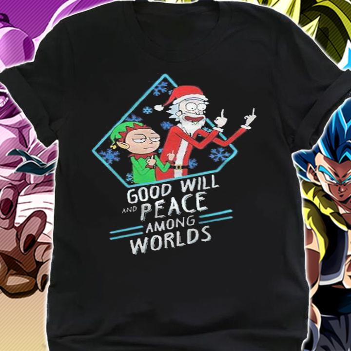 Rick and Morty Christmas Xmas goodwill and peace among worlds T-shirt shirt