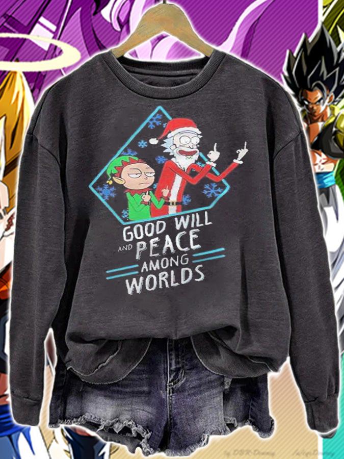 Rick and Morty Christmas Xmas goodwill and peace among worlds T-shirt sweatshirt