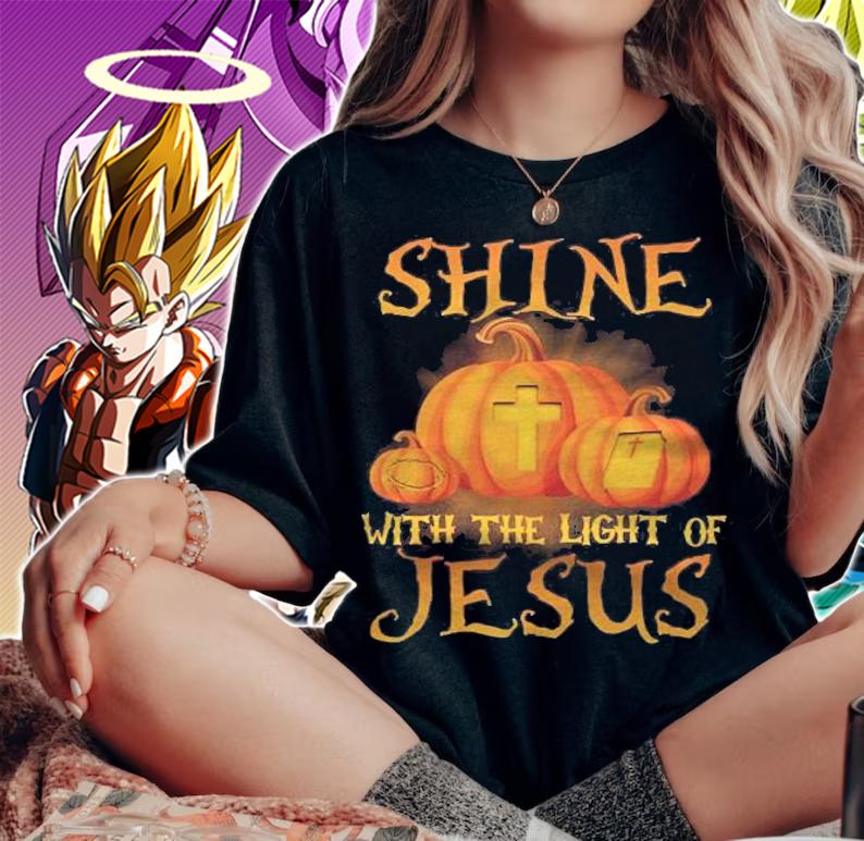 Shine With The Light Of Jesus Christian Halloween Pumpkin Premium Shirt woman shirt
