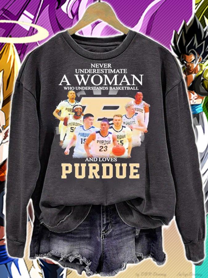 Never Underestimate A Woman Who Understands Basketball And Loves Purdue Boilermakers Signatures Shirt sweatshirt