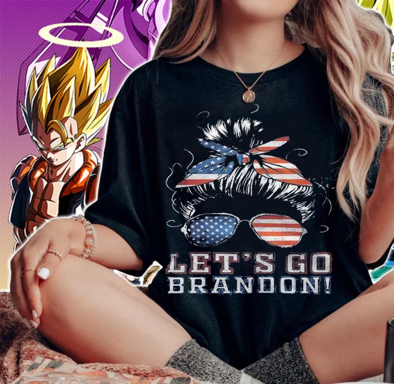 Let's Go Brandon USA Flag Messy Bun T-Shirt woman shirt