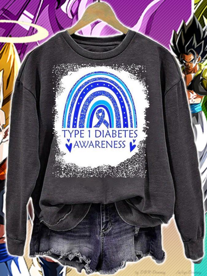 Type 1 Diabetes Awareness Bleached Rainbow Blue Ribbon Women T-Shirt sweatshirt
