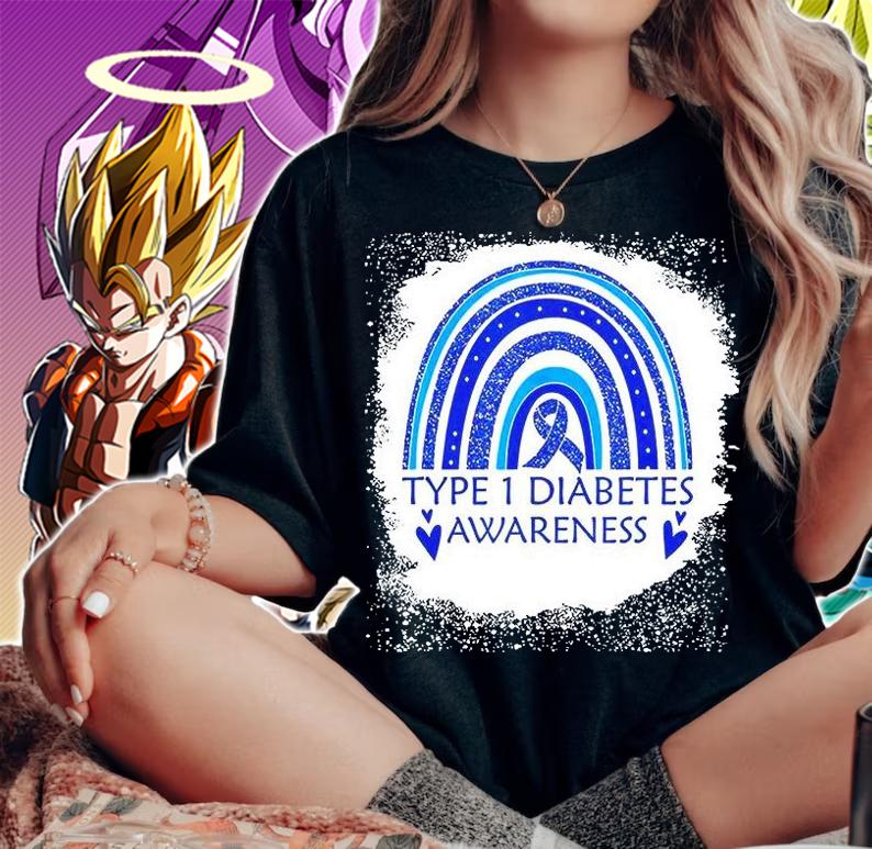 Type 1 Diabetes Awareness Bleached Rainbow Blue Ribbon Women T-Shirt woman shirt