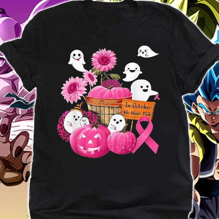 In October We Wear Pink Boo And Pumpkin Sunflower Pink Breast Cancer T-Shirt