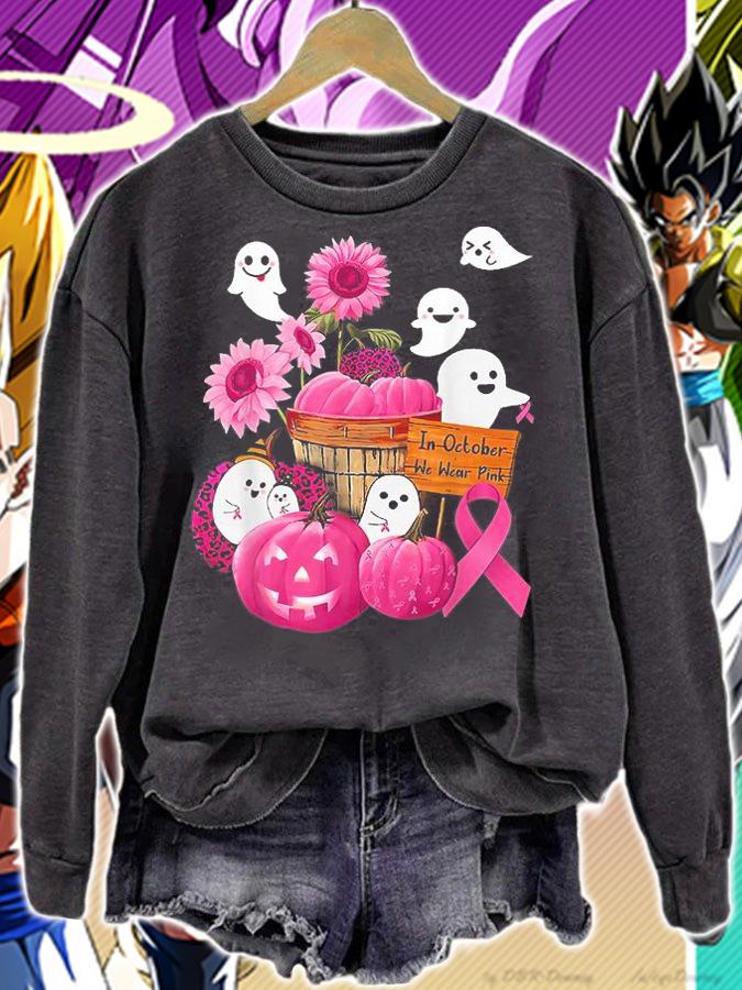 In October We Wear Pink Boo And Pumpkin Sunflower Pink Breast Cancer T-Shirt
