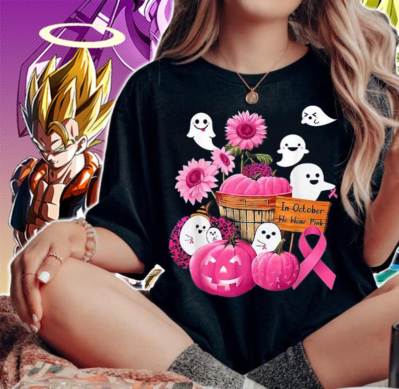 In October We Wear Pink Boo And Pumpkin Sunflower Pink Breast Cancer T-Shirt