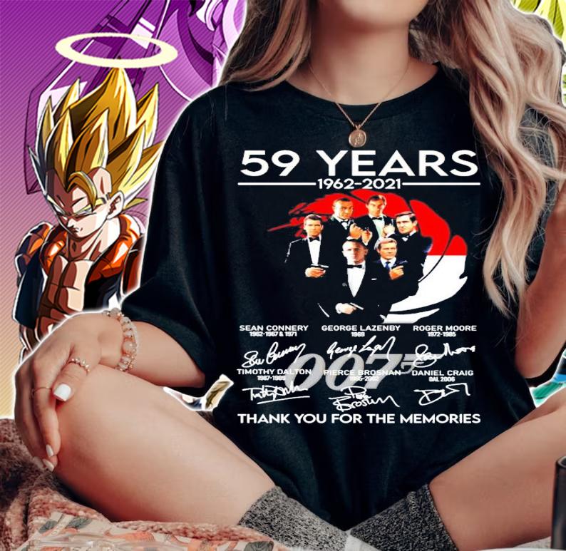 007 movies James Bond 59 years 1962-2021 signatures thank you for the memories t-shirt woman shirt