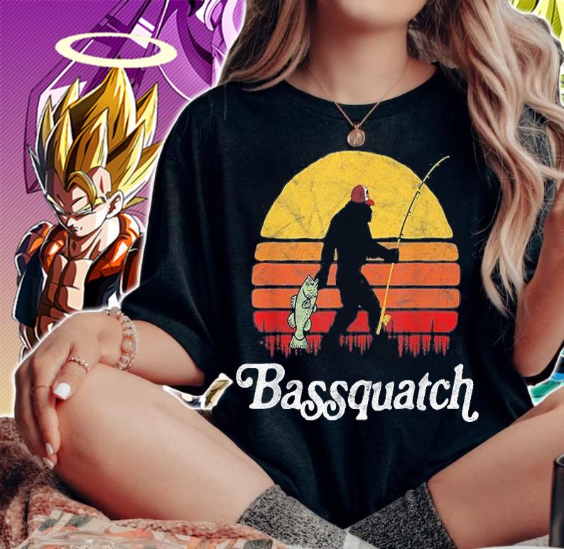Bassquatch Funny Bigfoot Fishing Outdoor Retro T-Shirt woman shirt
