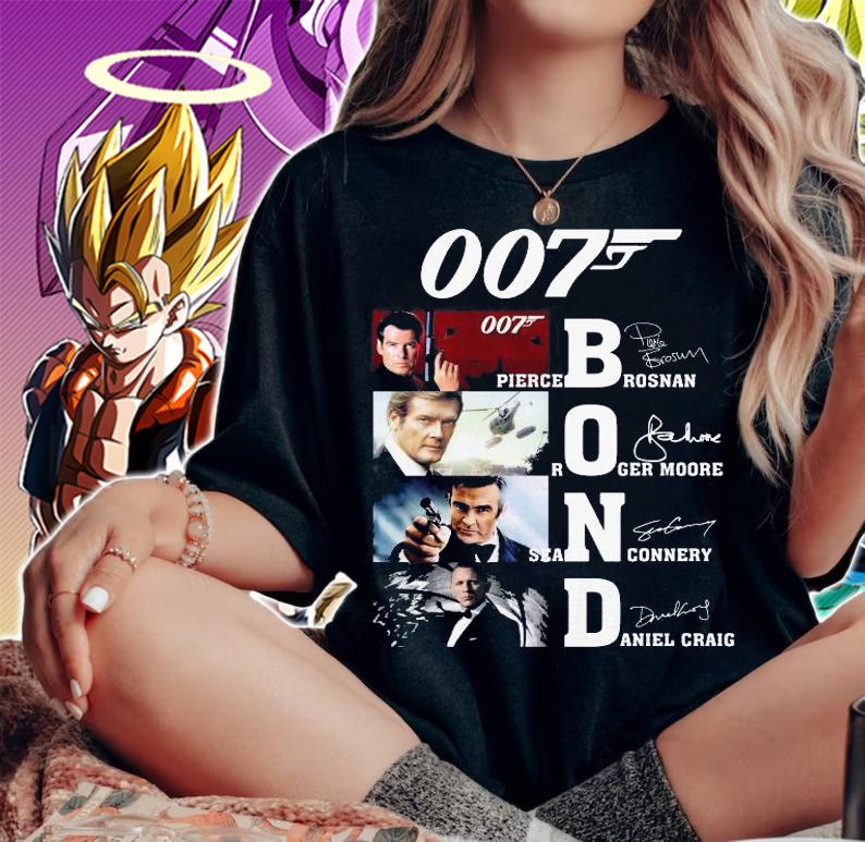 007 Bond Pierce Brosnan Roger Moore Sean Connery Daniel Craig Signatures t-shirt woman shirt