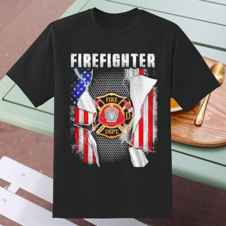 Proud Firefighter Fire Dept Logo USA Flag T-Shirt